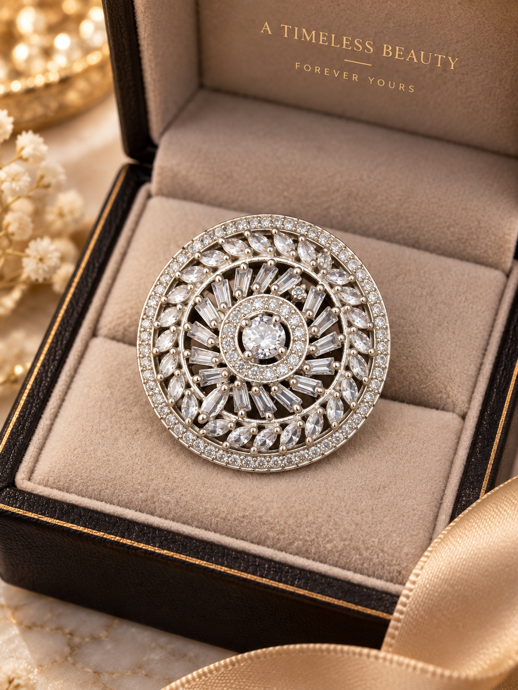 Silver Crystal Halo Statement Ring | Round Floral Cocktail Ring