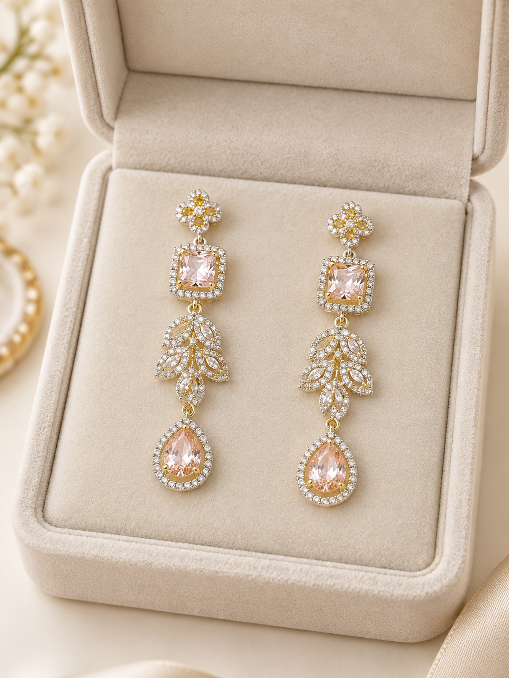 Blush Pink Crystal Drop Earrings | Floral Silver-Tone Chandelier Earrings
