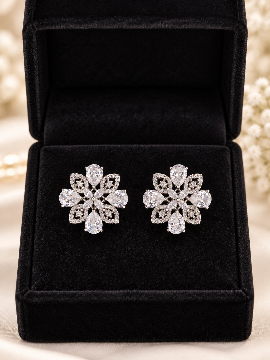 Silver Crystal Floral Stud Earrings | Elegant Teardrop Statement Earrings