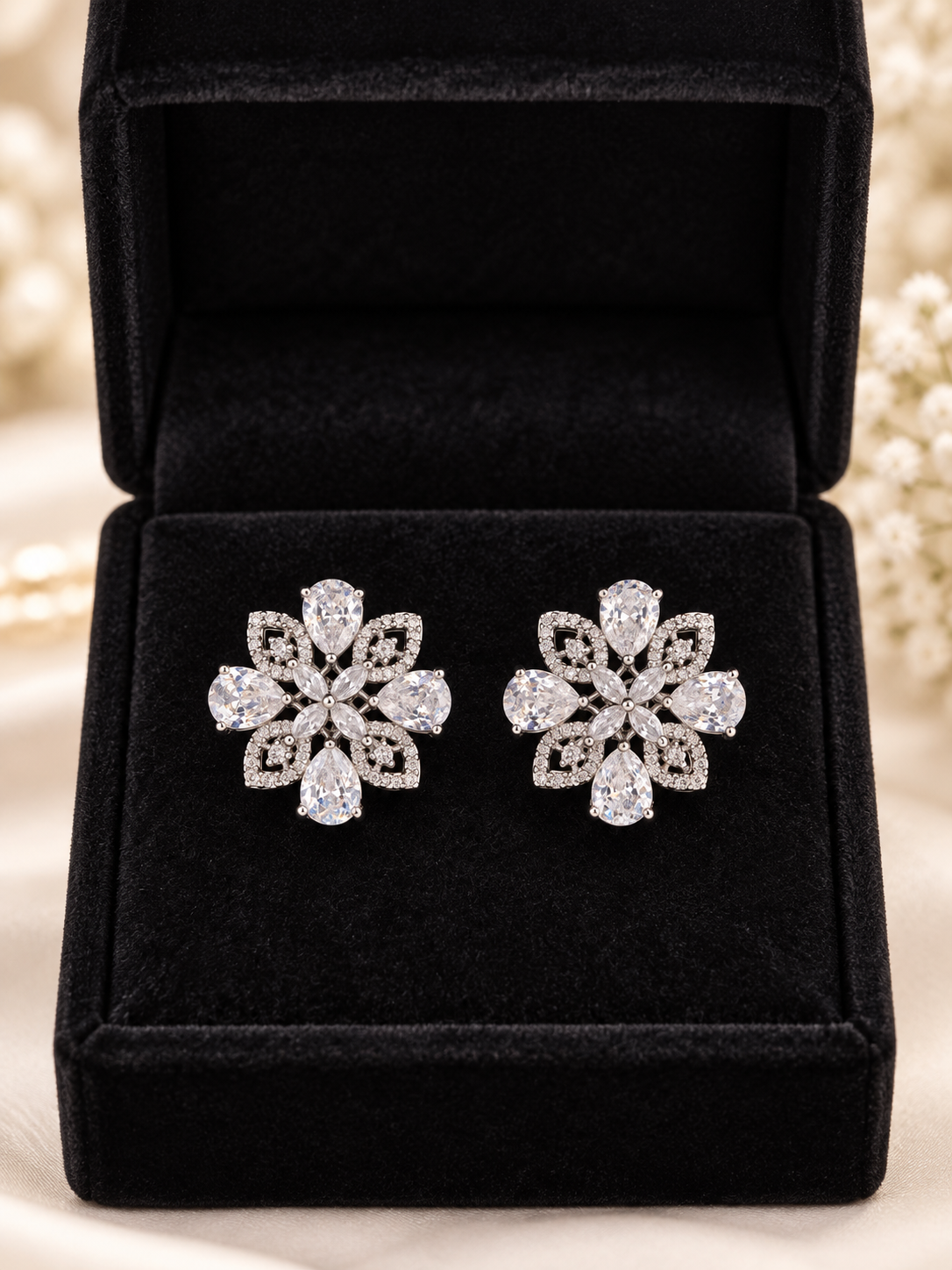 Silver Crystal Floral Stud Earrings | Elegant Teardrop Statement Earrings