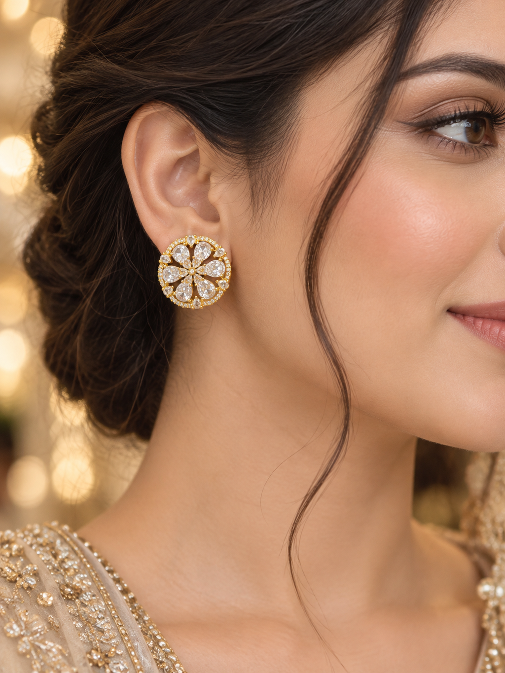 Gold-Tone Crystal Floral Stud Earrings | Luxury Round Statement Earrings