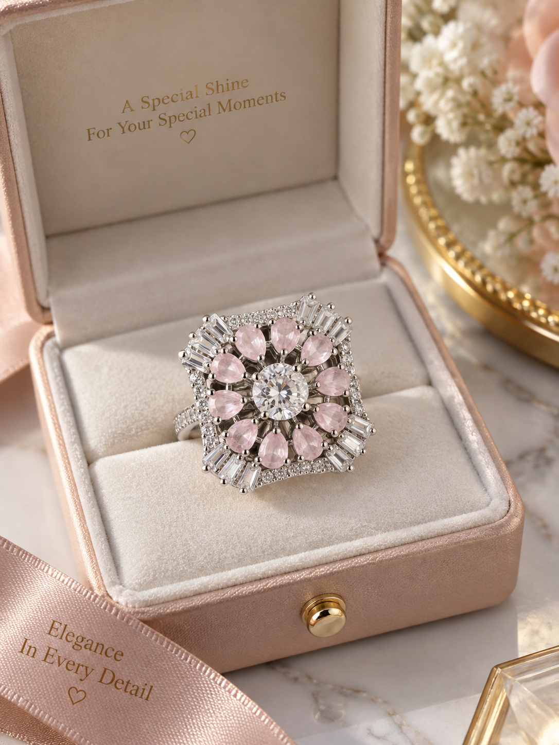 Luxury Pink Crystal Statement Ring | Silver-Tone Square Floral Design