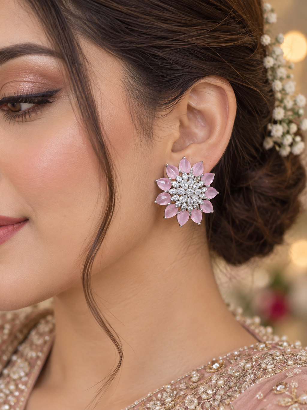 Blush Pink Crystal Floral Stud Earrings | Silver-Tone Statement Earrings