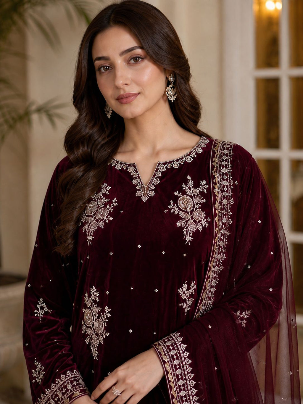 Pure Velvet 3-Piece Embroidered Suit | Thread & Sequence Work | Velvet Plazo + Chiffon Dupatta 2315