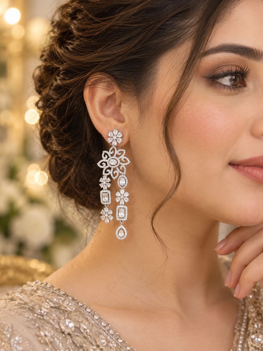 Luxury Silver Crystal Floral Drop Earrings | Statement Party Earrings