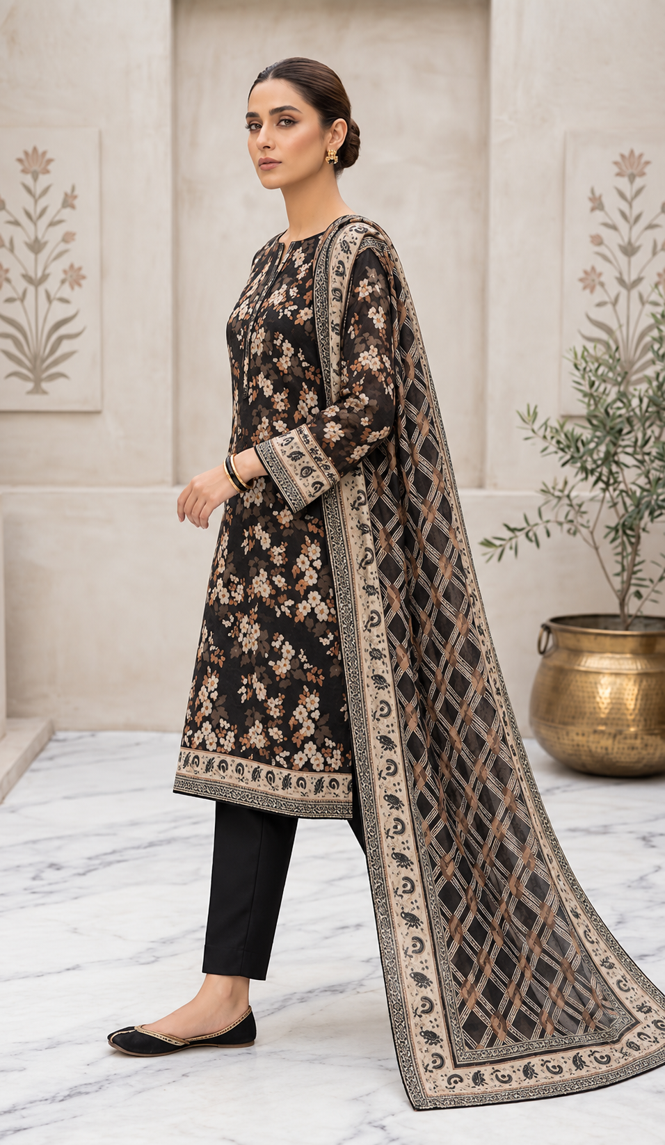 Side view of black floral printed lawn three-piece suit with geometric dupatta