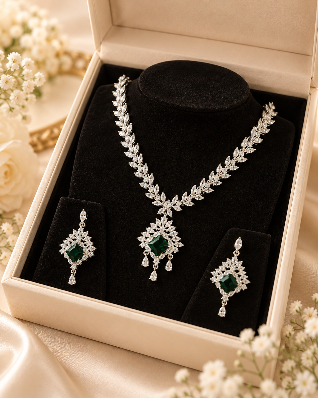 Angled view of silver-colour necklace and matching green drop earrings
