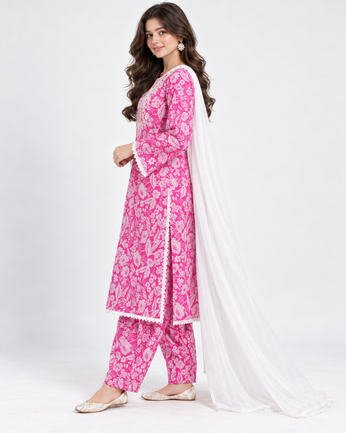 Side view of pink Aghannoor cotton suit with white dupatta