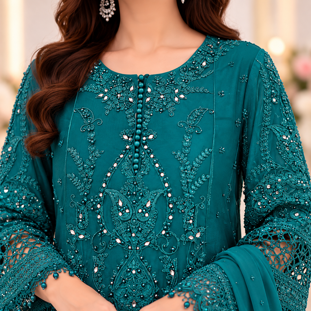 Green Chiffon Embroidered 3-Piece Suit | Size M