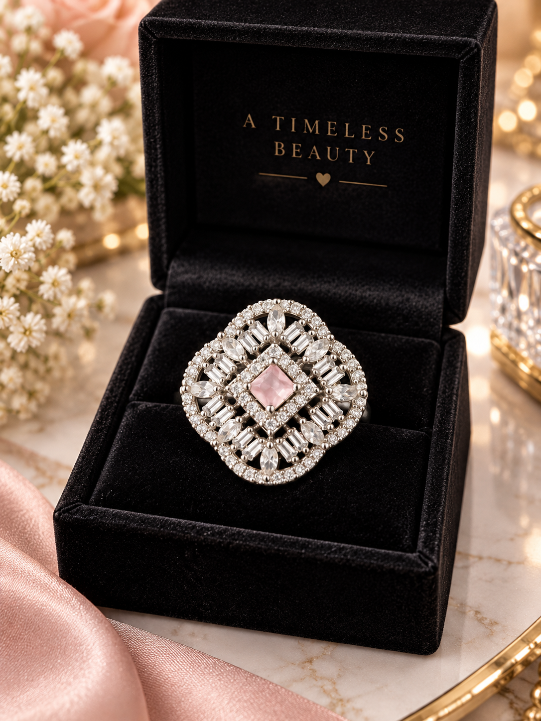 Blush Pink Crystal Halo Statement Ring 30