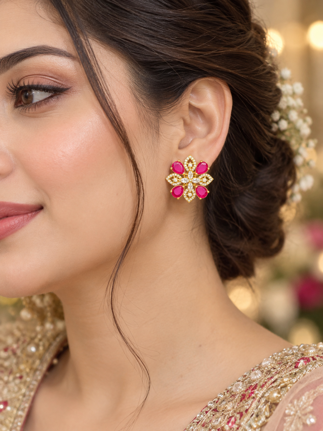 Hot Pink Floral Crystal Stud Earrings | Gold-Tone Statement Earrings