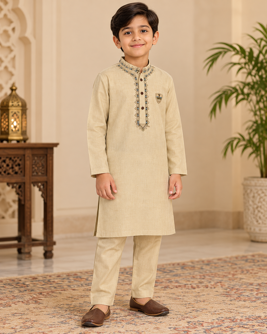 Boy wearing a beige embroidered kameez with matching pajama trousers
