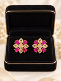 Hot Pink Floral Crystal Stud Earrings | Gold-Tone Statement Earrings