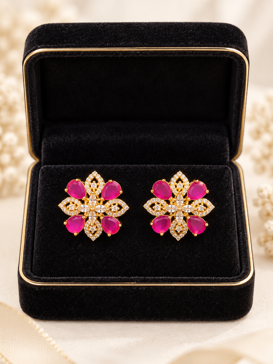 Hot Pink Floral Crystal Stud Earrings | Gold-Tone Statement Earrings