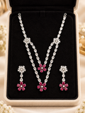 Title: Ruby Red Floral Crystal Double-Layer Necklace & Earrings Set