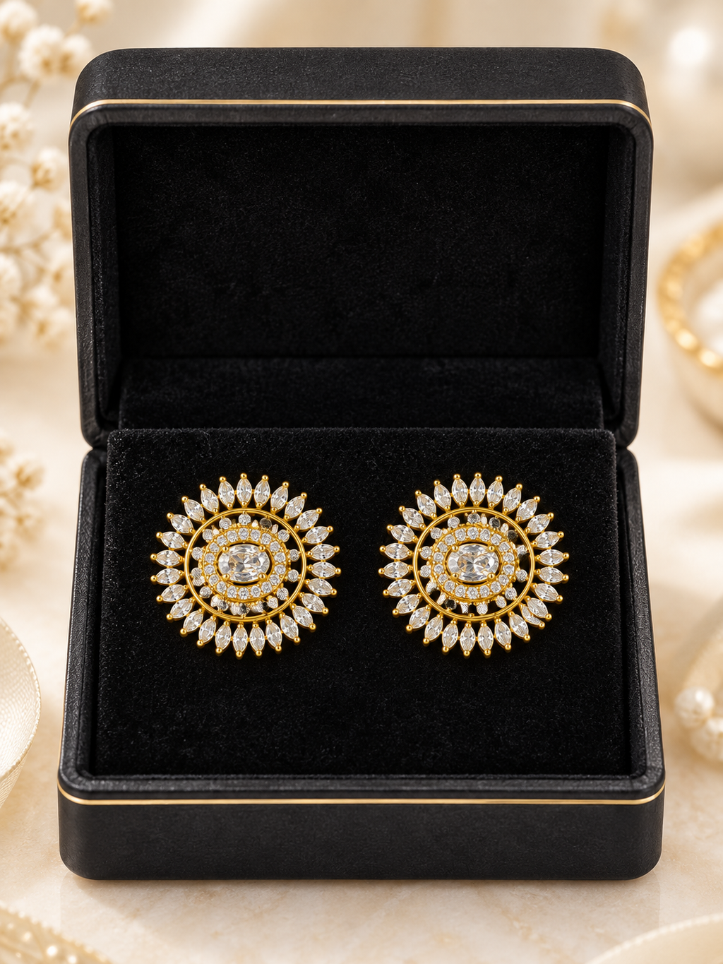 Gold-Tone Crystal Sunburst Stud Earrings | Luxury Round Statement Earrings