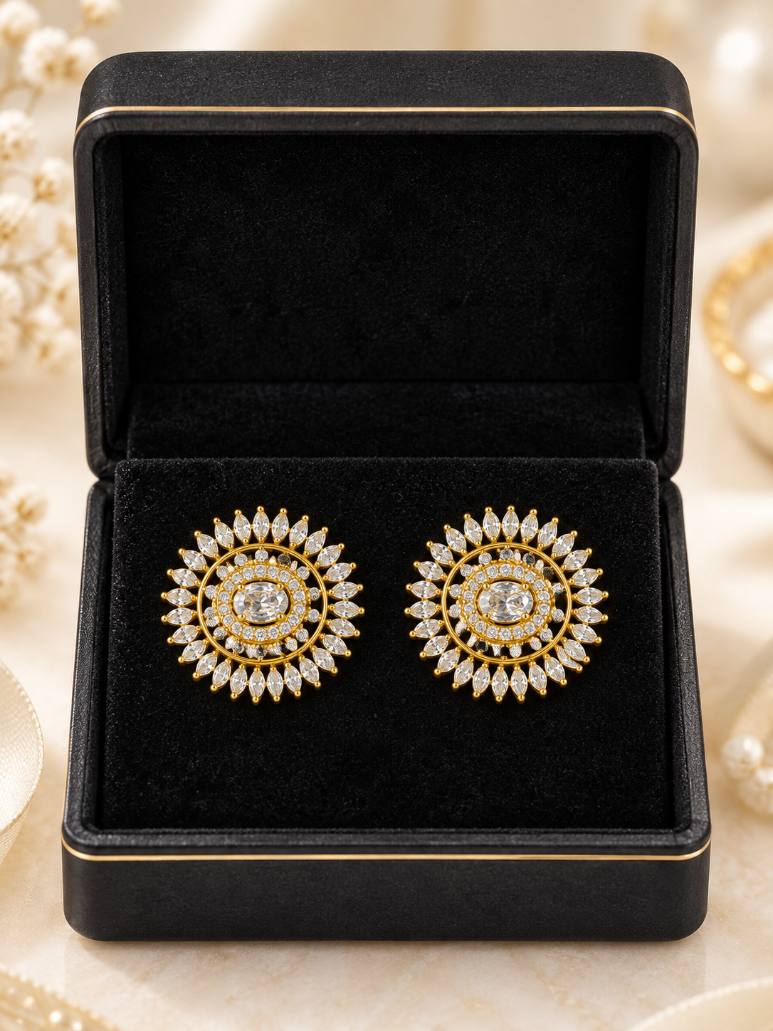 Gold-Tone Crystal Sunburst Stud Earrings | Luxury Round Statement Earrings
