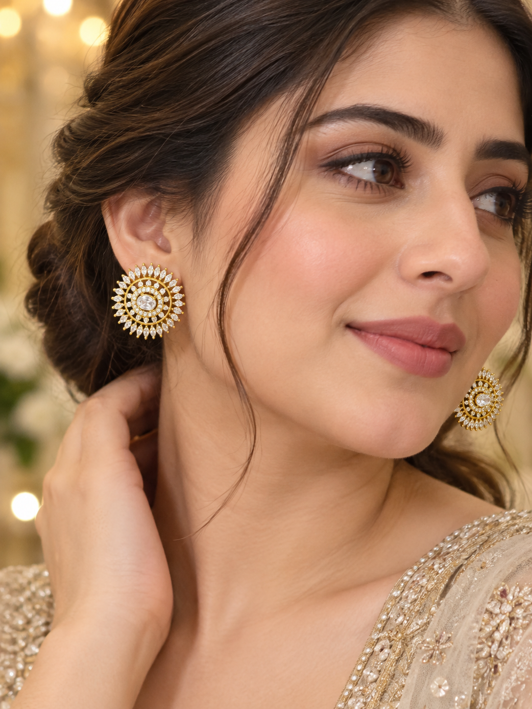 Gold-Tone Crystal Sunburst Stud Earrings | Luxury Round Statement Earrings