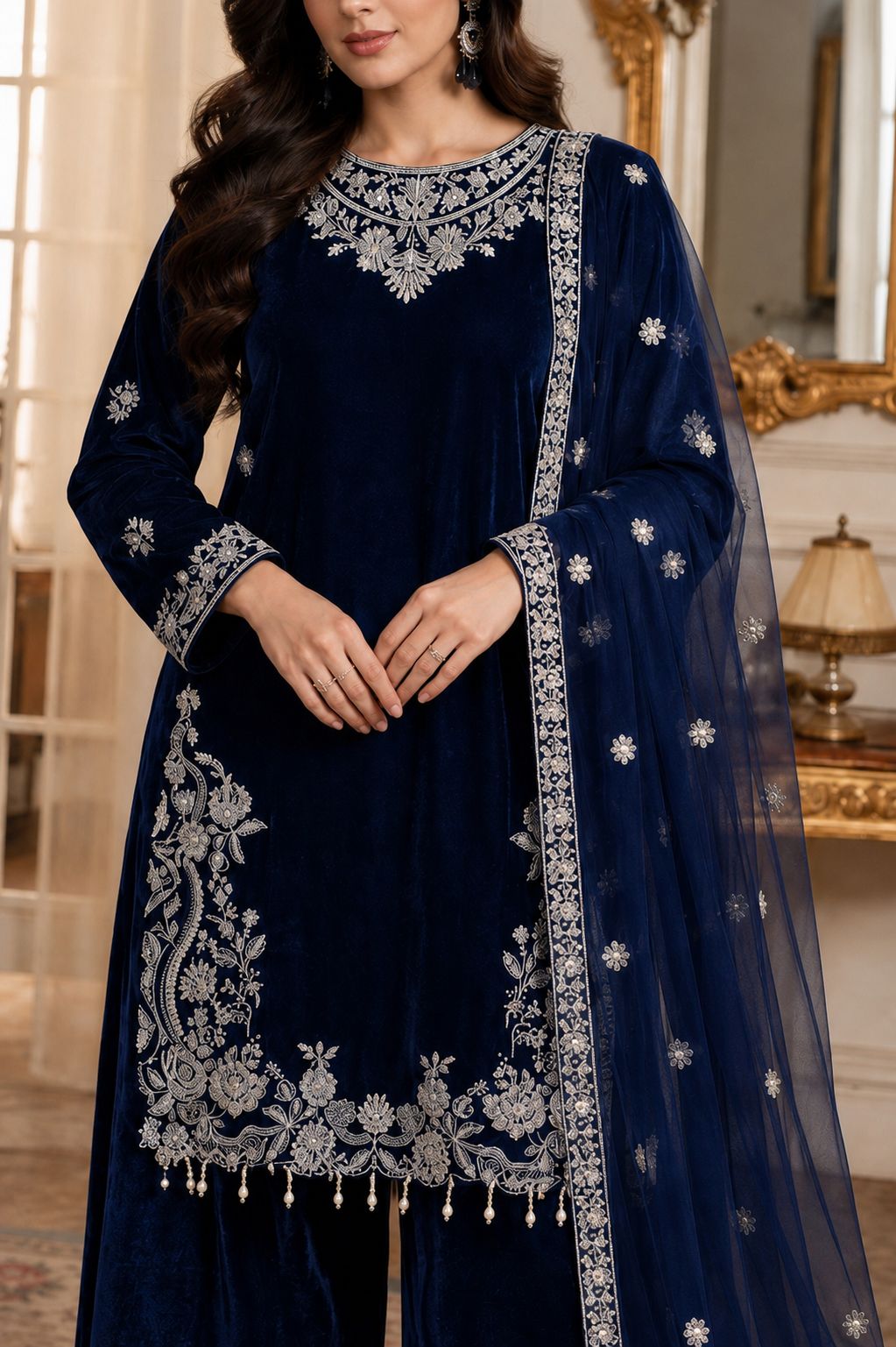Pure Velvet 3-Piece Embroidered Suit | Thread & Sequence Work | Velvet Plazo + Chiffon Dupatta 2316