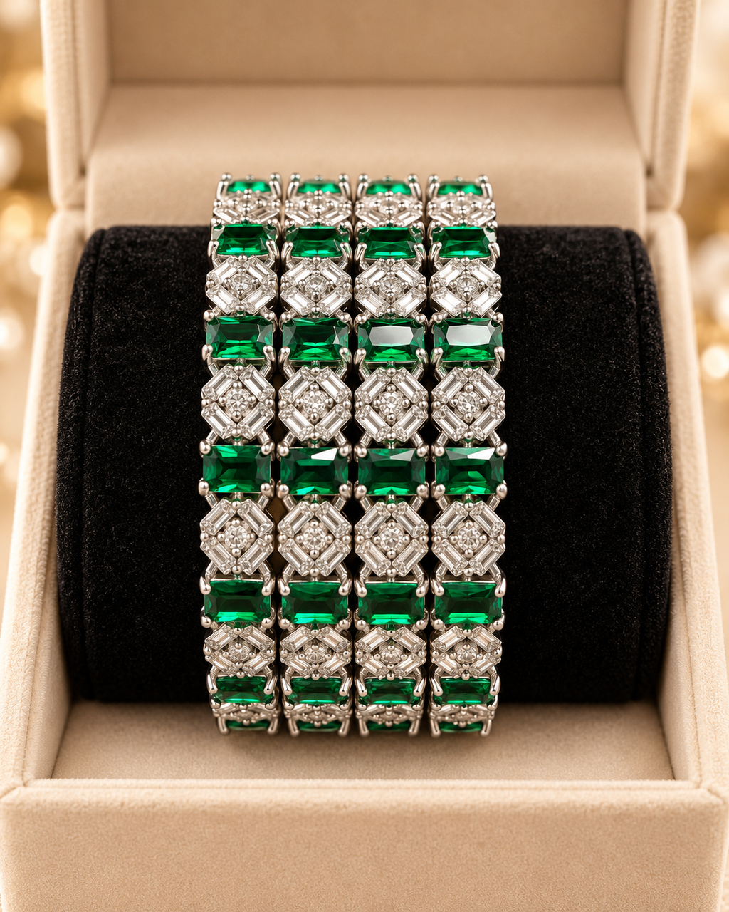 Green and silver bangles close up