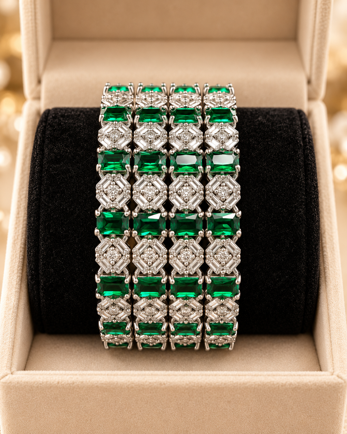 Green and silver bangles close up
