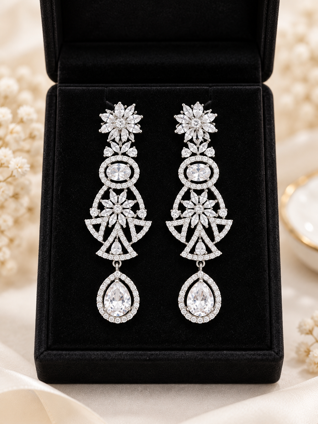 Luxury Silver Crystal Statement Drop Earrings | Elegant Party Wear Earrings