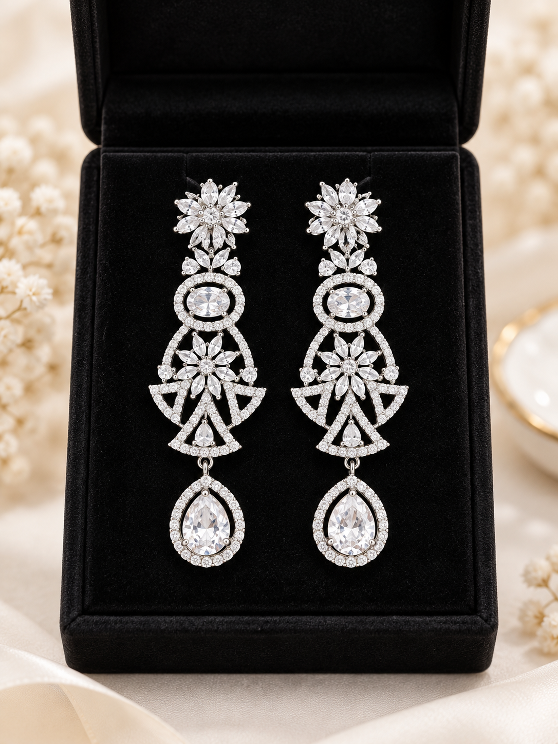 Luxury Silver Crystal Statement Drop Earrings | Elegant Party Wear Earrings