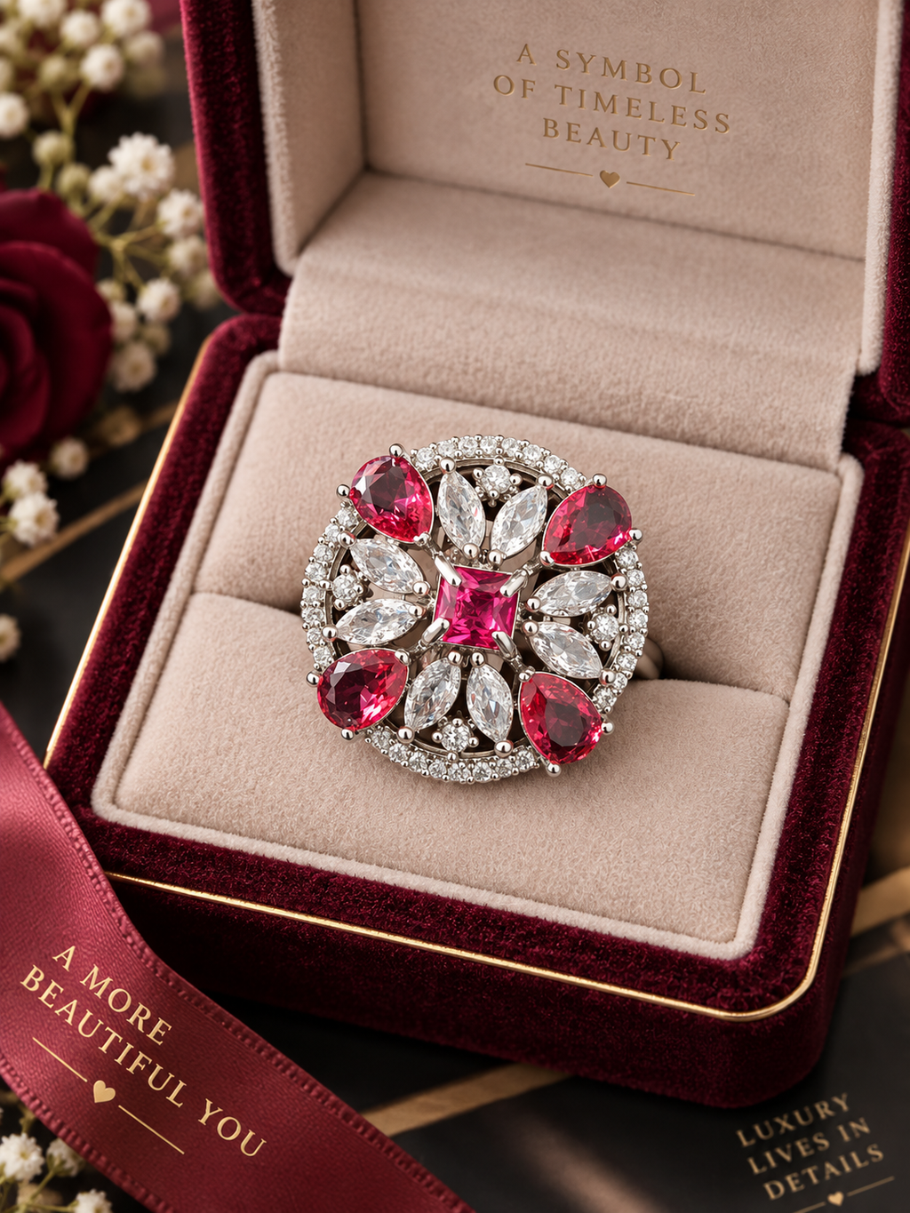 Ruby Pink Crystal Statement Ring | Silver-Tone Floral Halo Design
