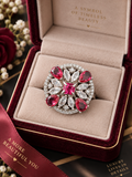 Ruby Pink Crystal Statement Ring | Silver-Tone Floral Halo Design