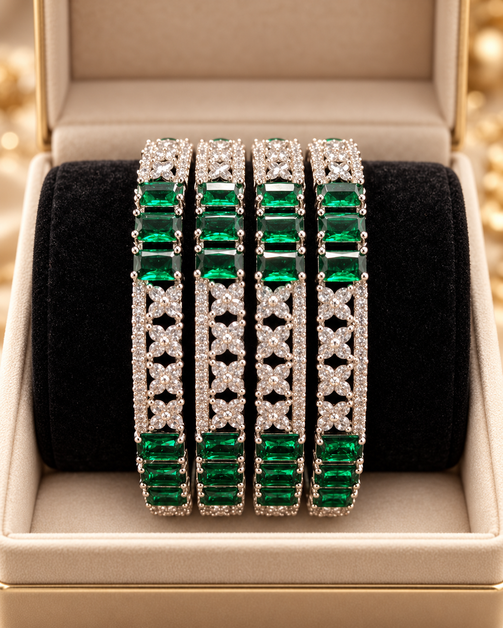 Silver and emerald green 4-piece bangle set in jewellery box