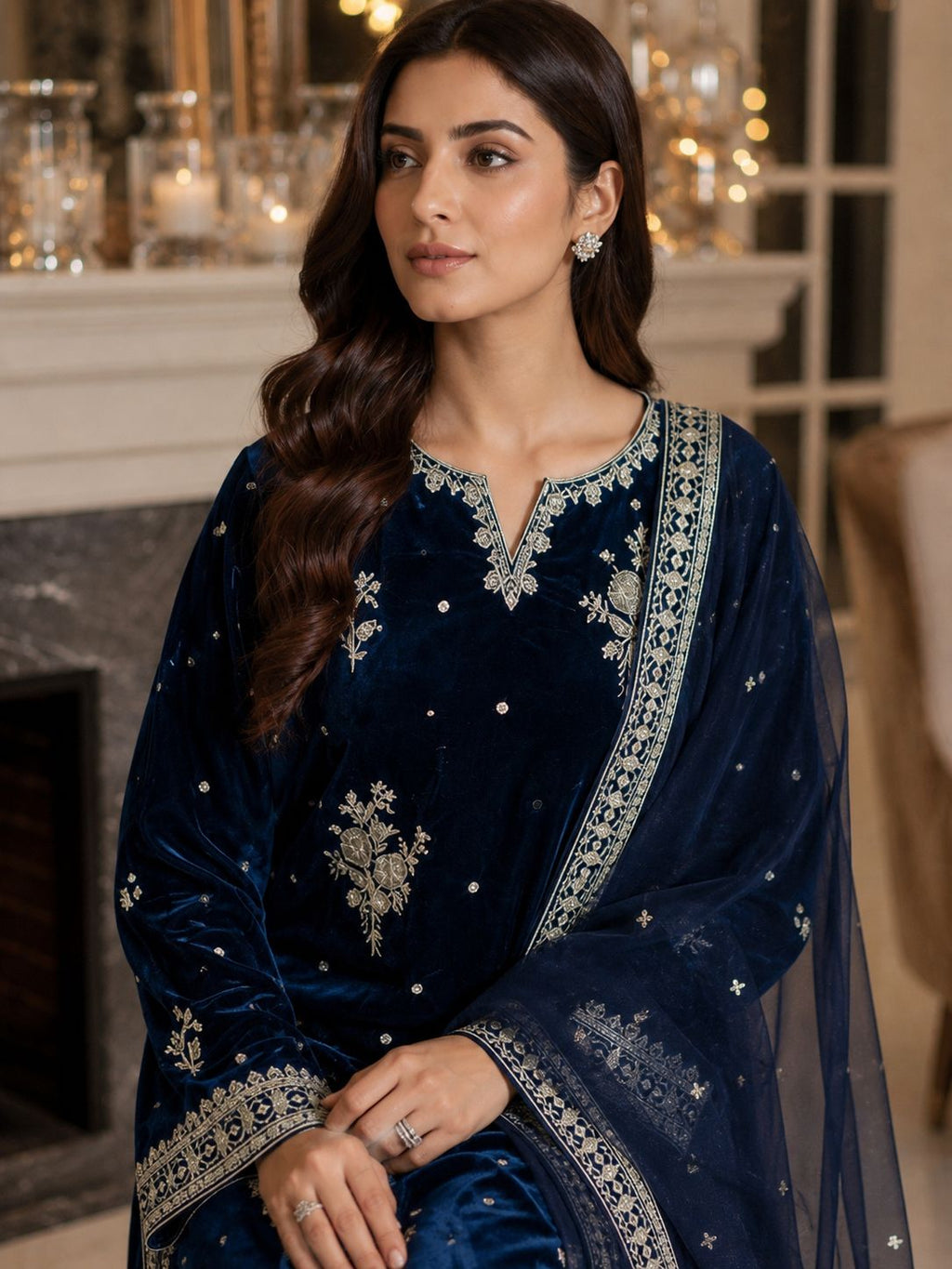Pure Velvet 3-Piece Embroidered Suit | Thread & Sequence Work | Velvet Plazo + Chiffon Dupatta 2314