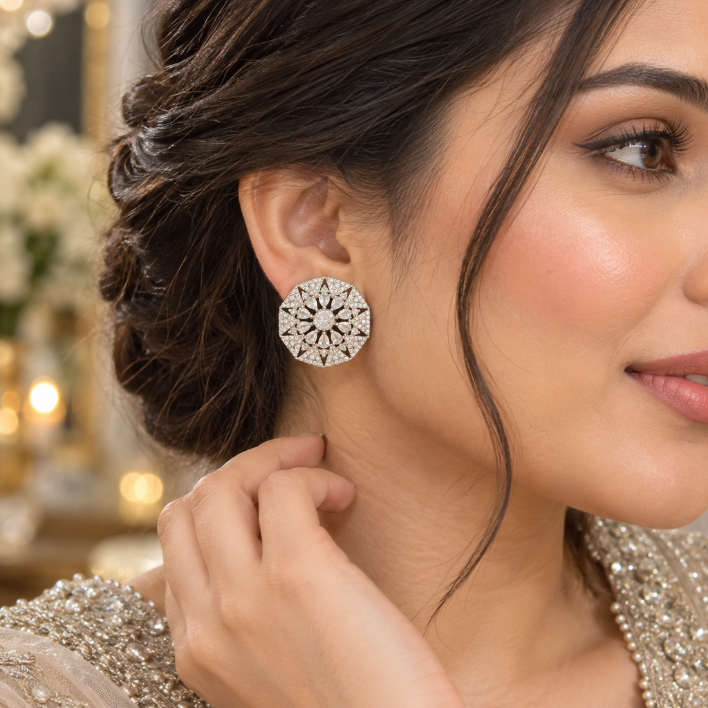Silver Crystal Floral Statement Stud Earrings | Geometric Halo Design