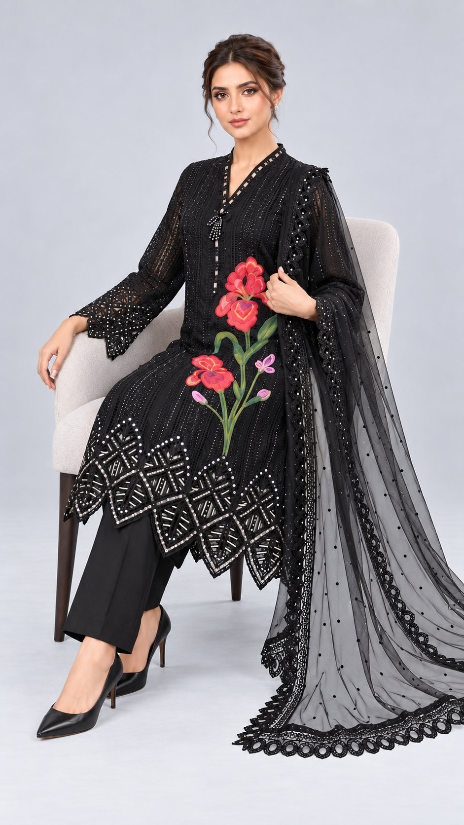 Black Floral Chikankari Embroidered 3-Piece Suit, 9852