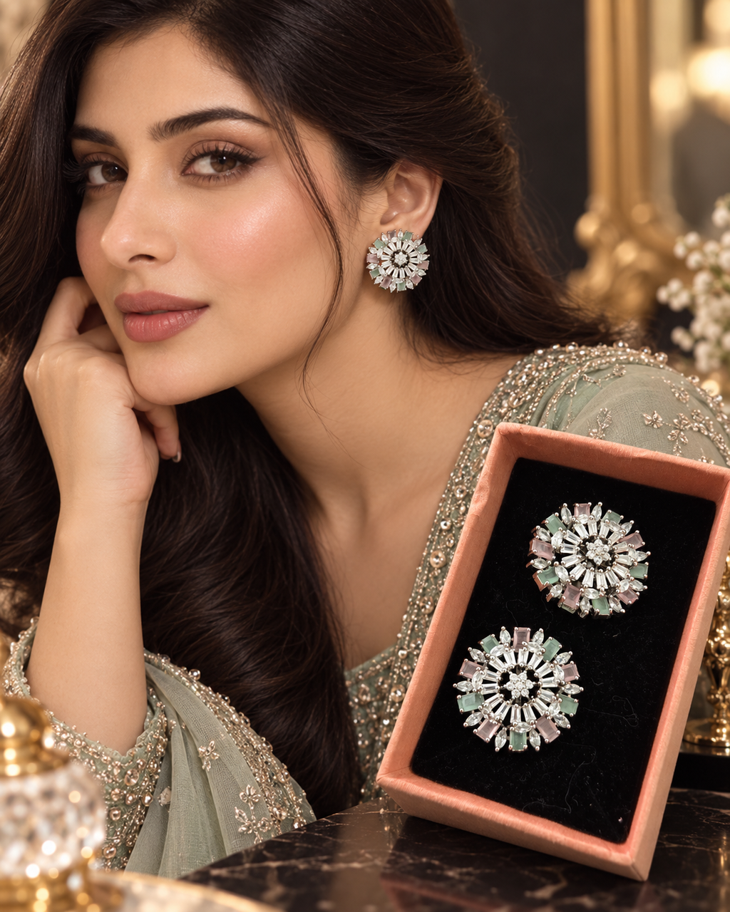 Luxury Round AD Top Studs – Mint Pink & Clear Zircon Earrings for Party Wear 022