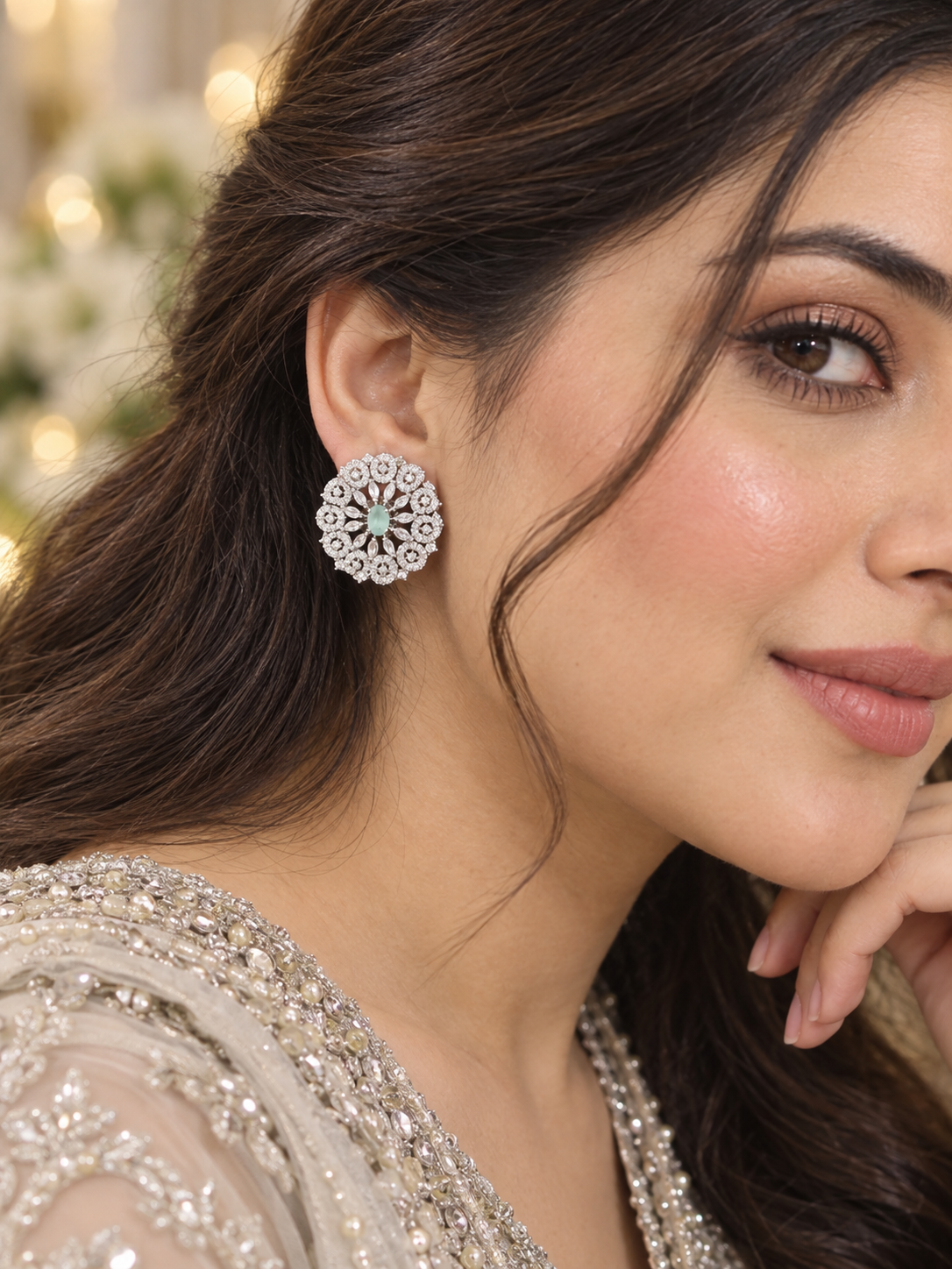 Mint Green & Silver Crystal Floral Stud Earrings | Luxury Statement Earrings