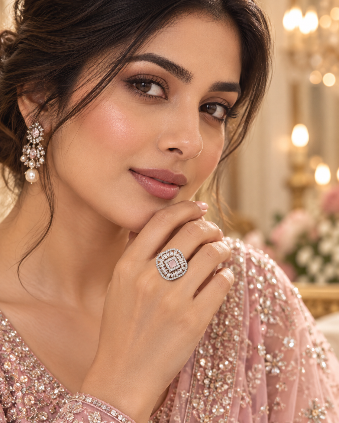 Blush Pink Crystal Halo Statement Ring 30