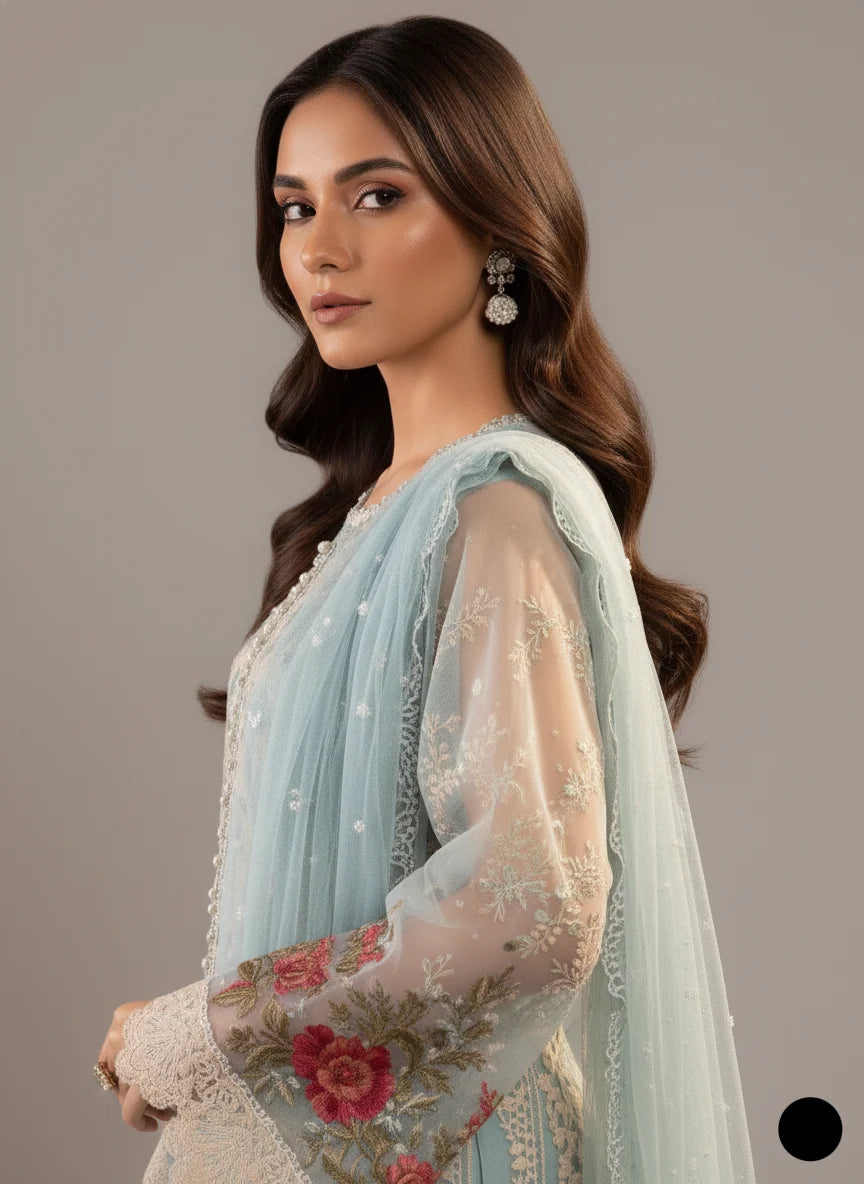 Sky Blue Luxury Organza Cutwork 3pc Party Wear - Embroidered Net Dupatta with Grip Trouser