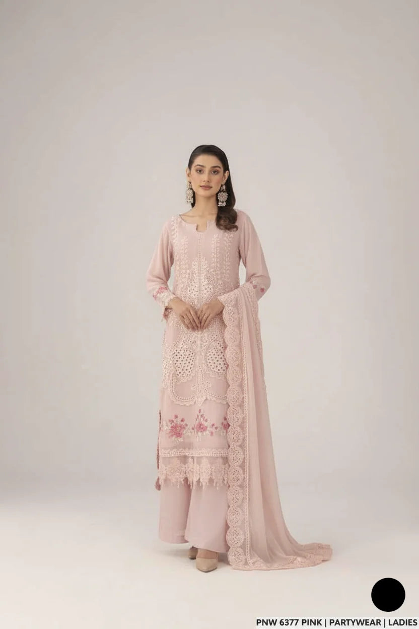 3pc Chiffon Embroidered Suit 6377 PINK