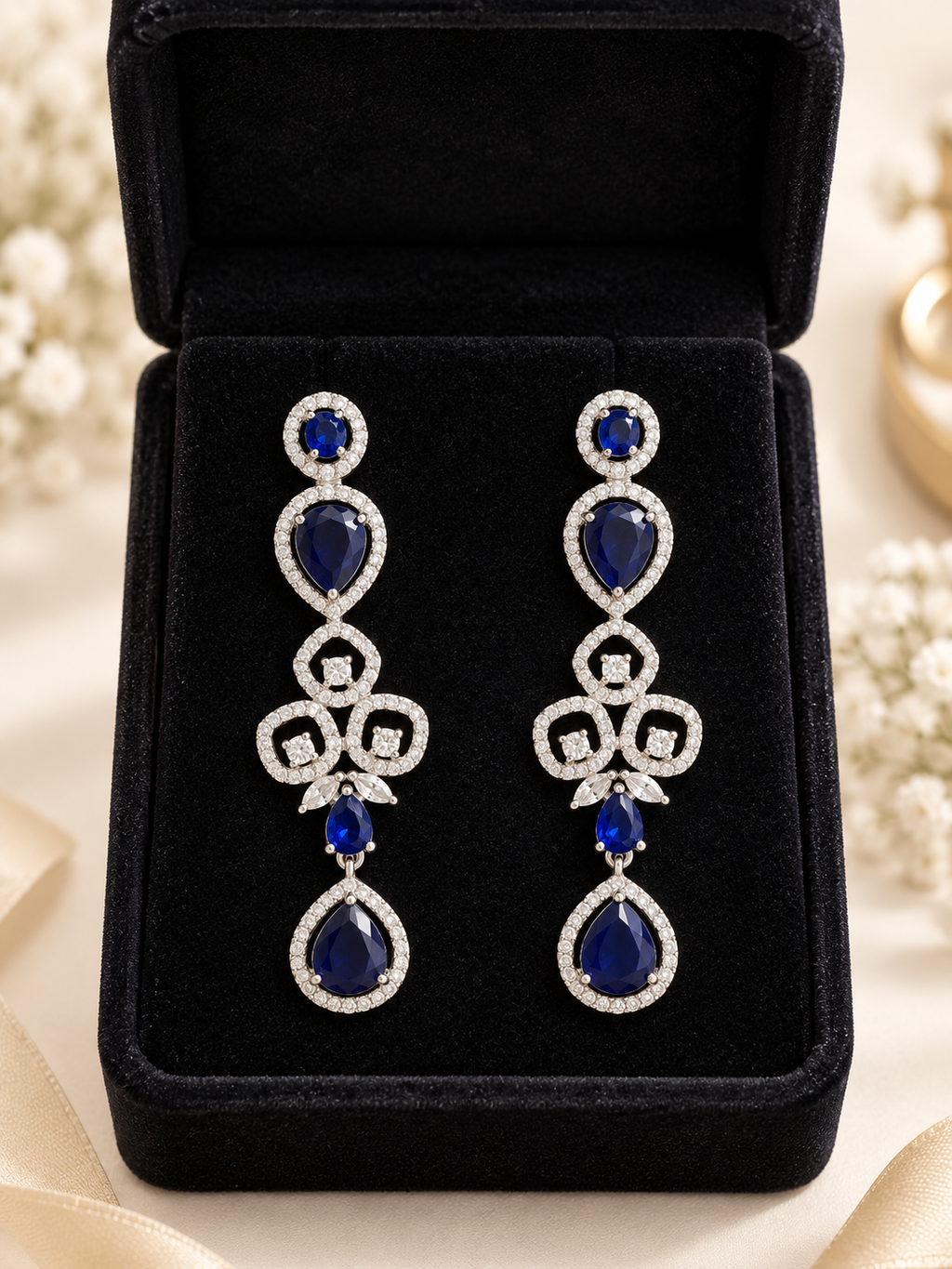 Royal Blue Crystal Drop Earrings | Silver-Tone Statement Earrings