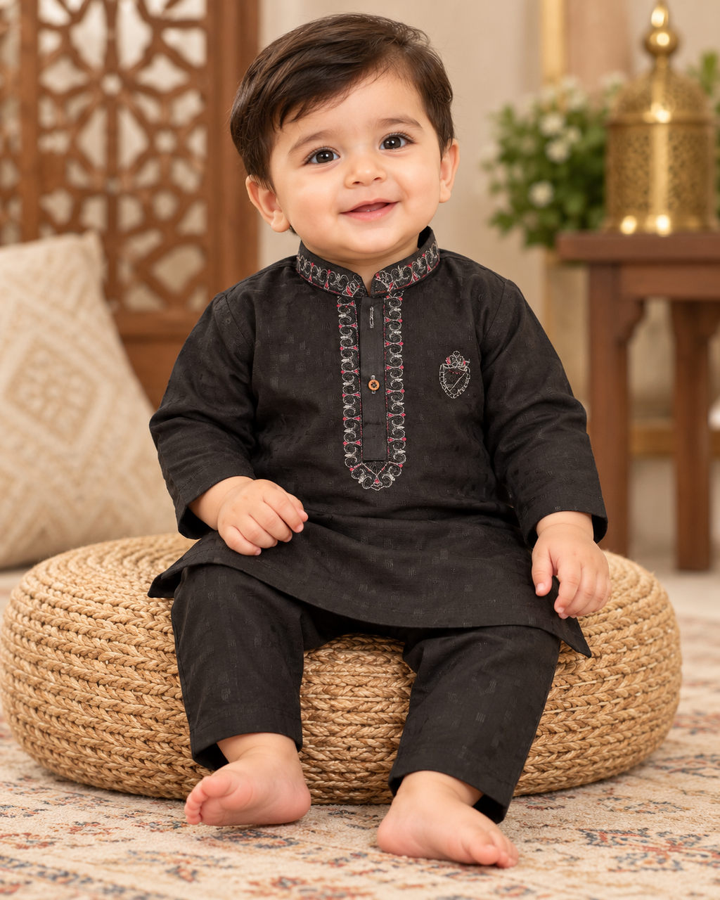 Baby wearing a black embroidered kurta and matching trousers, seated on a woven cushion