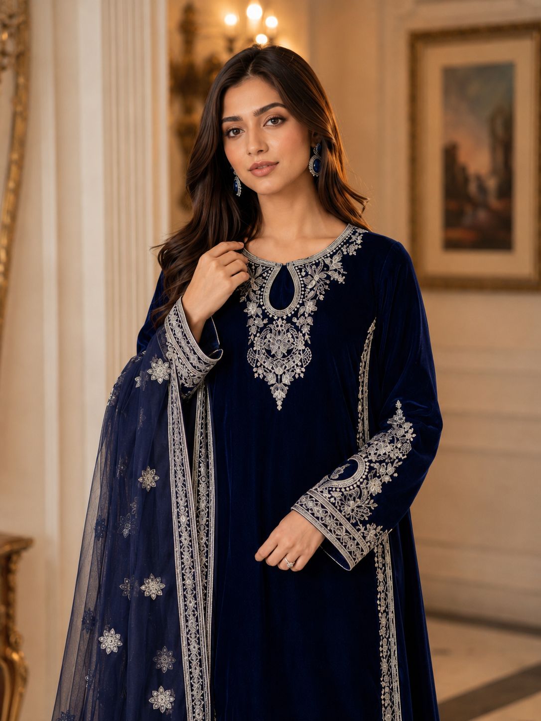 Pure Velvet 3-Piece Embroidered Suit | Thread & Sequence Work | Velvet Plazo + Chiffon Dupatta 2318