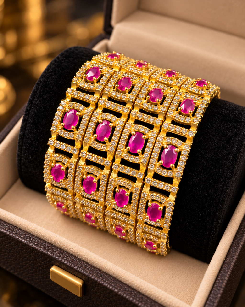 Gold and pink ruby bangles in jewellery box top view