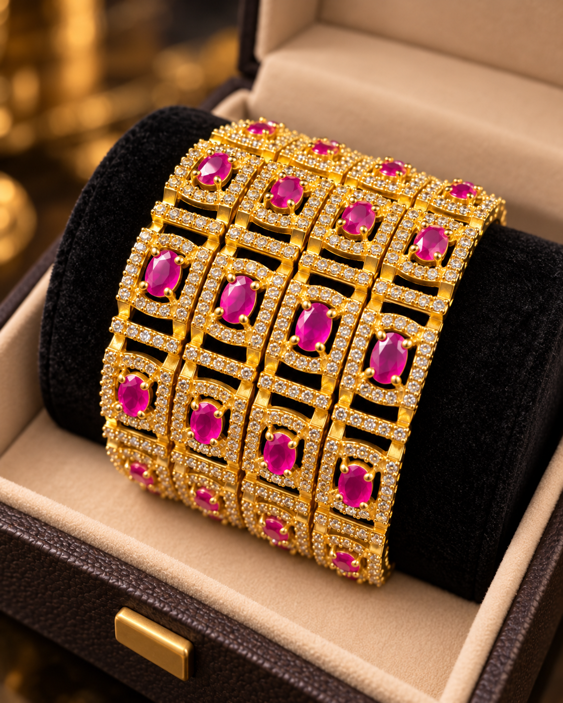 Gold and pink ruby bangles in jewellery box top view