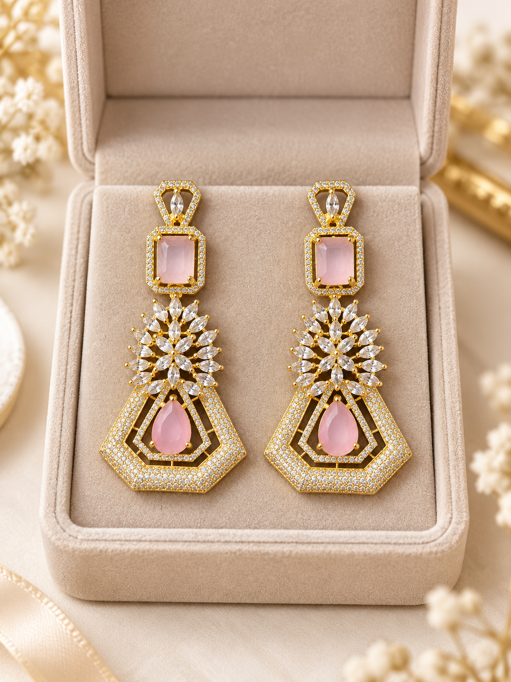 Blush Pink Crystal Geometric Drop Earrings | Gold-Tone Statement Earrings