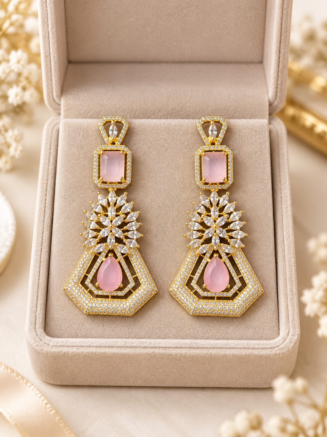Blush Pink Crystal Geometric Drop Earrings | Gold-Tone Statement Earrings