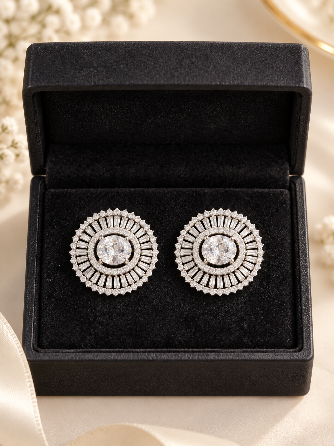 Silver Crystal Sunburst Stud Earrings | Luxury Round Halo Earrings