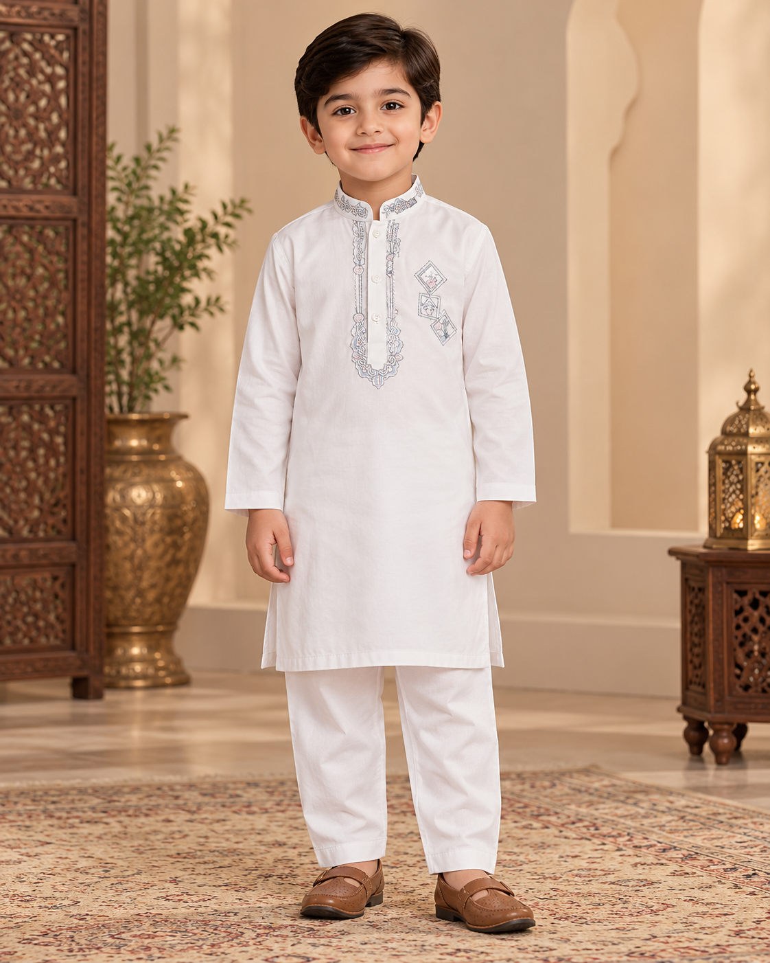 Boy wearing a white kameez with silver-grey embroidery and matching white salwar