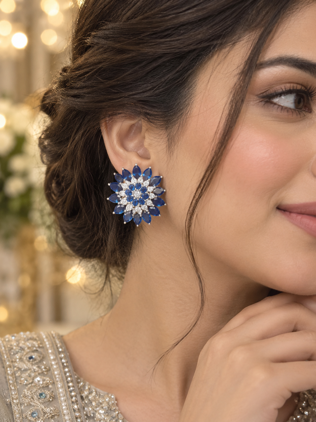 Royal Blue Floral Crystal Statement Earrings | Silver-Tone Party Wear