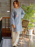Blue embroidered cotton lawn shirt with cream farshi shalwar