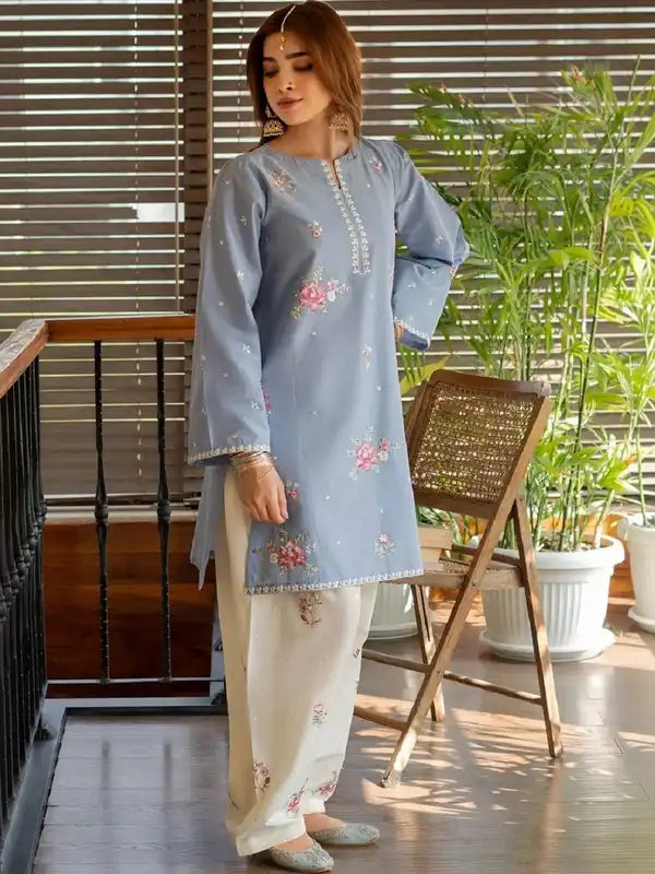 Blue embroidered cotton lawn shirt with cream farshi shalwar